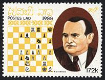 Alexander Alekhine vs Bogoljubov, 1922, postage stamp, Laos