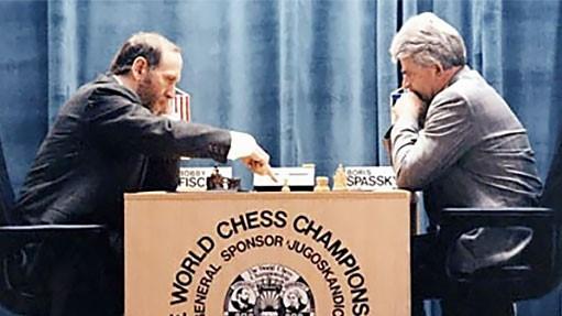 Boris Spassky, left and Bobby Fischer analyze their match in Sveti Svefan  on Sunday, Sept. 20, 1992. Fischer, attacking aggressively with the white  pieces, defeated Spassky on Sunday to take a 5-2