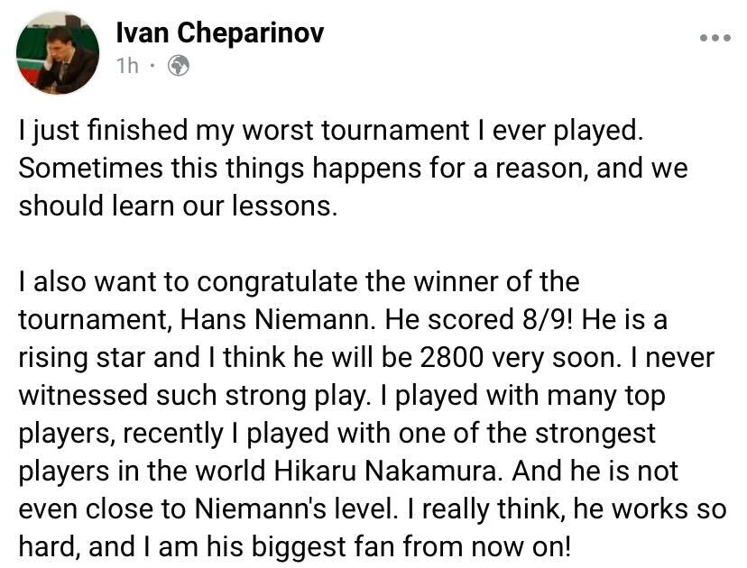 Hans Niemann plays a 56 move game with 98.8 accuracy and has 1h30