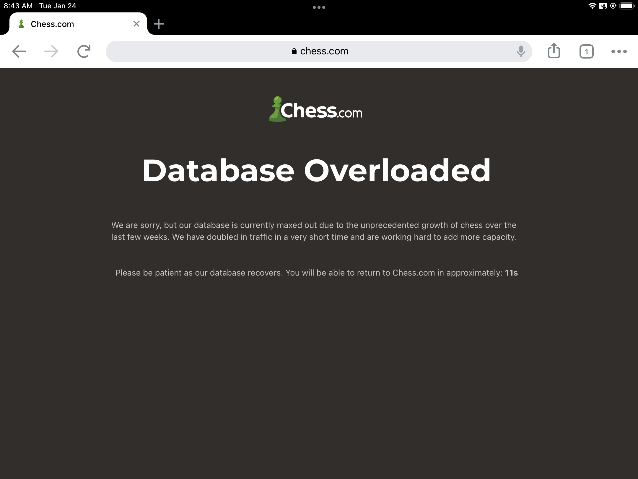 Screenshot of “Database Overloaded” message as seen by a user trying to log in. Source: [Chess.com Forum](https://www.chess.com/forum/view/general/chess-com-has-been-overloaded).