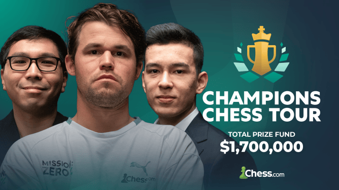 รูปภาพโปรโมต Champions Chess Tour ปี 2024 โดยมี GMs Magnus Carlsen, Wesley So และ Nodirbek Abdusattorov