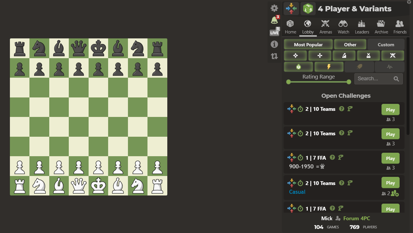 ภาพหน้าจอของล็อบบี้สำหรับ 4 ผู้เล่นหมากรุกบน Chess.com