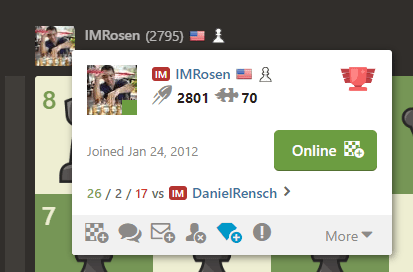 An image showing the lifetime record between IMRosen and DanielRensch on Chess.com, showing a 26/2/17 balance in favor of IMRosen.