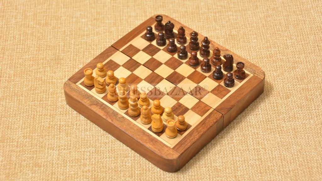 7" Travel Series Folding Magnetic Chess Set Sheesham Wood & Box Wood 