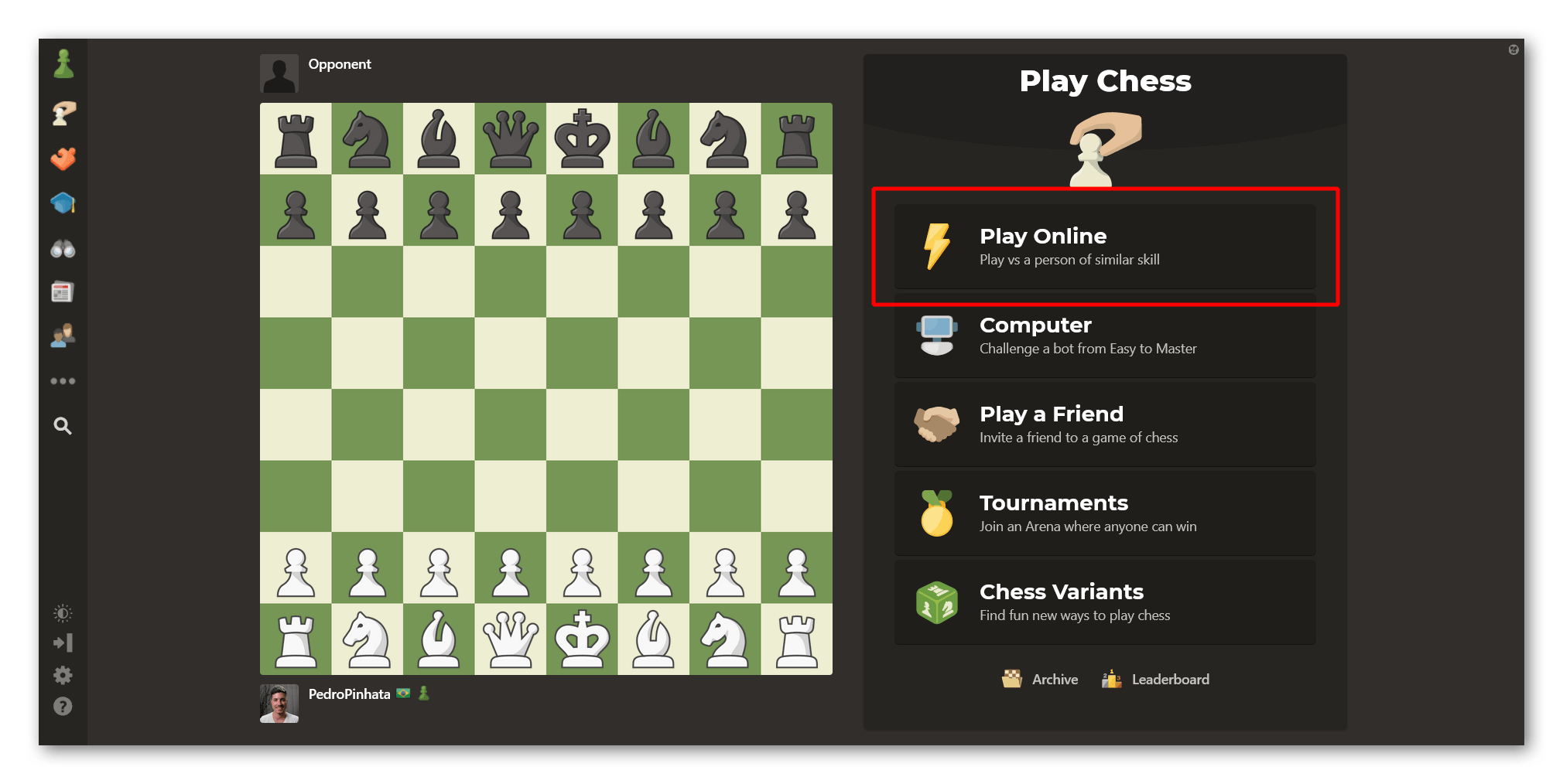 Play Online using the Play Page on Chess.com