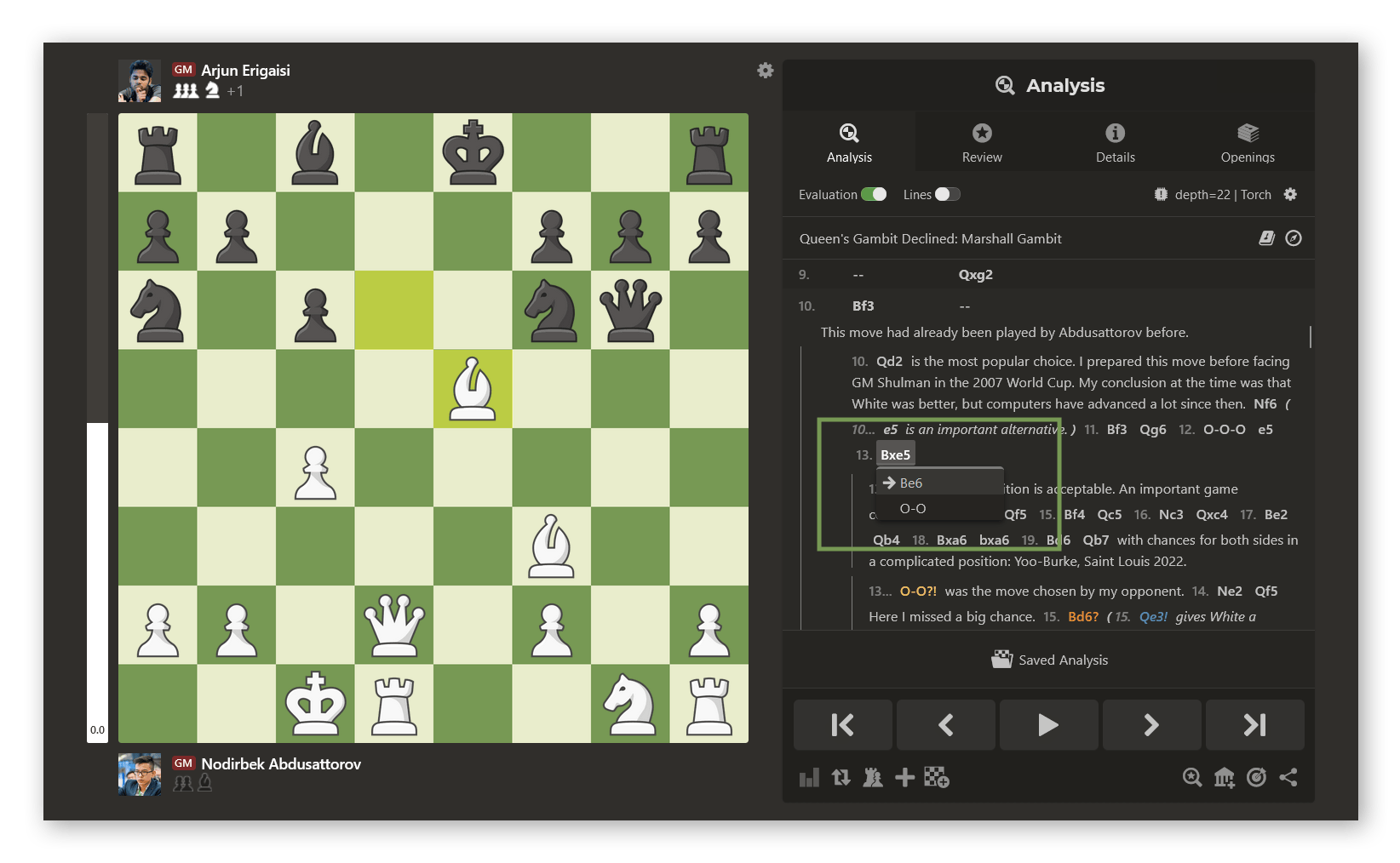 Chess.com's new move list features a variation pop over