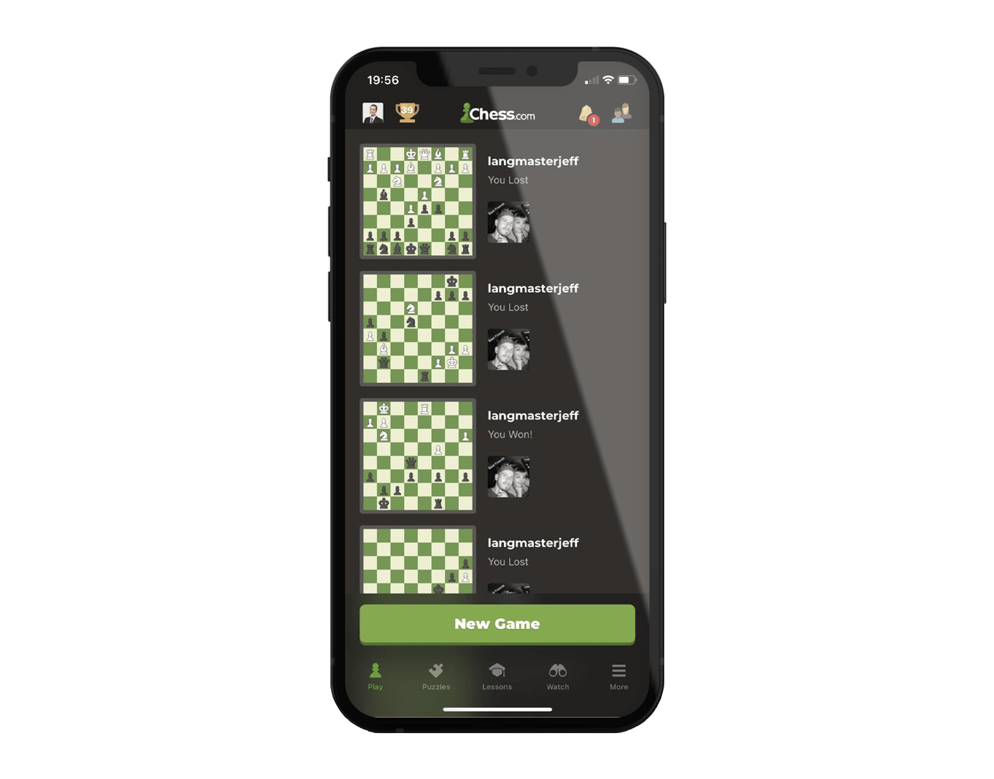 The new home screen Chess.com mobile app