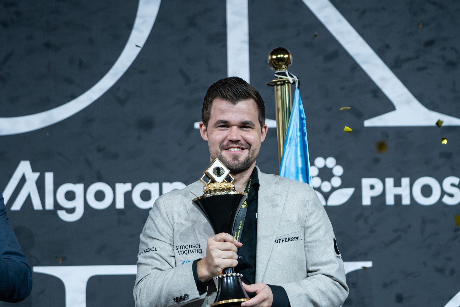 GM Magnus Carlsen at the closing ceremony of the 2021 World Chess Championship.