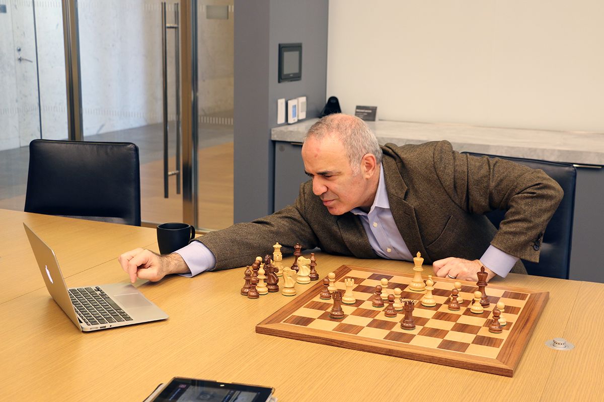 Garry Kasparov preparing a position for Chess.com.