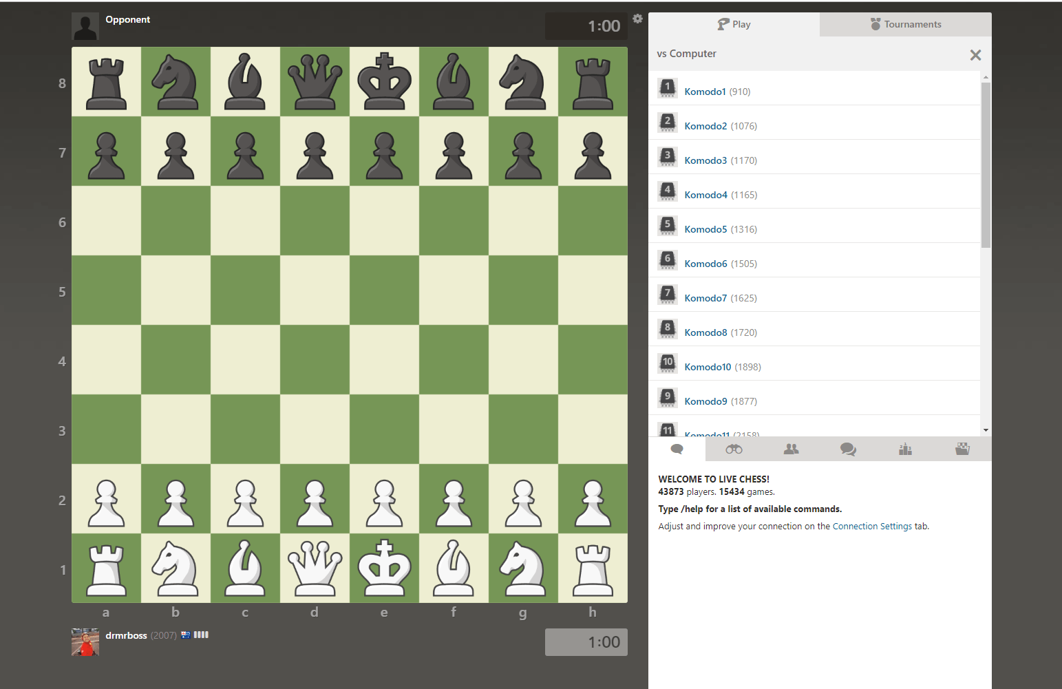 Playing chess against computer level 1. Game1 