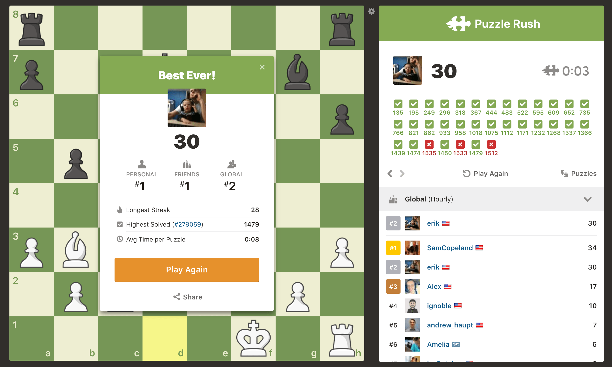 What is your highest score on Chess.com's puzzle rush and how well