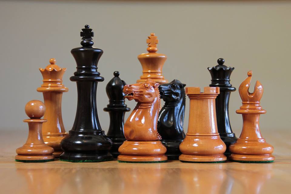 Brass Metal Chess Pieces Set Staunton 1849 King 4" Gold-Black Lacquere...