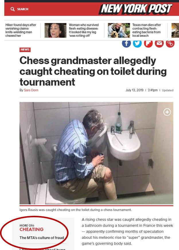 Chess grandmaster admits to cheating with phone on toilet during