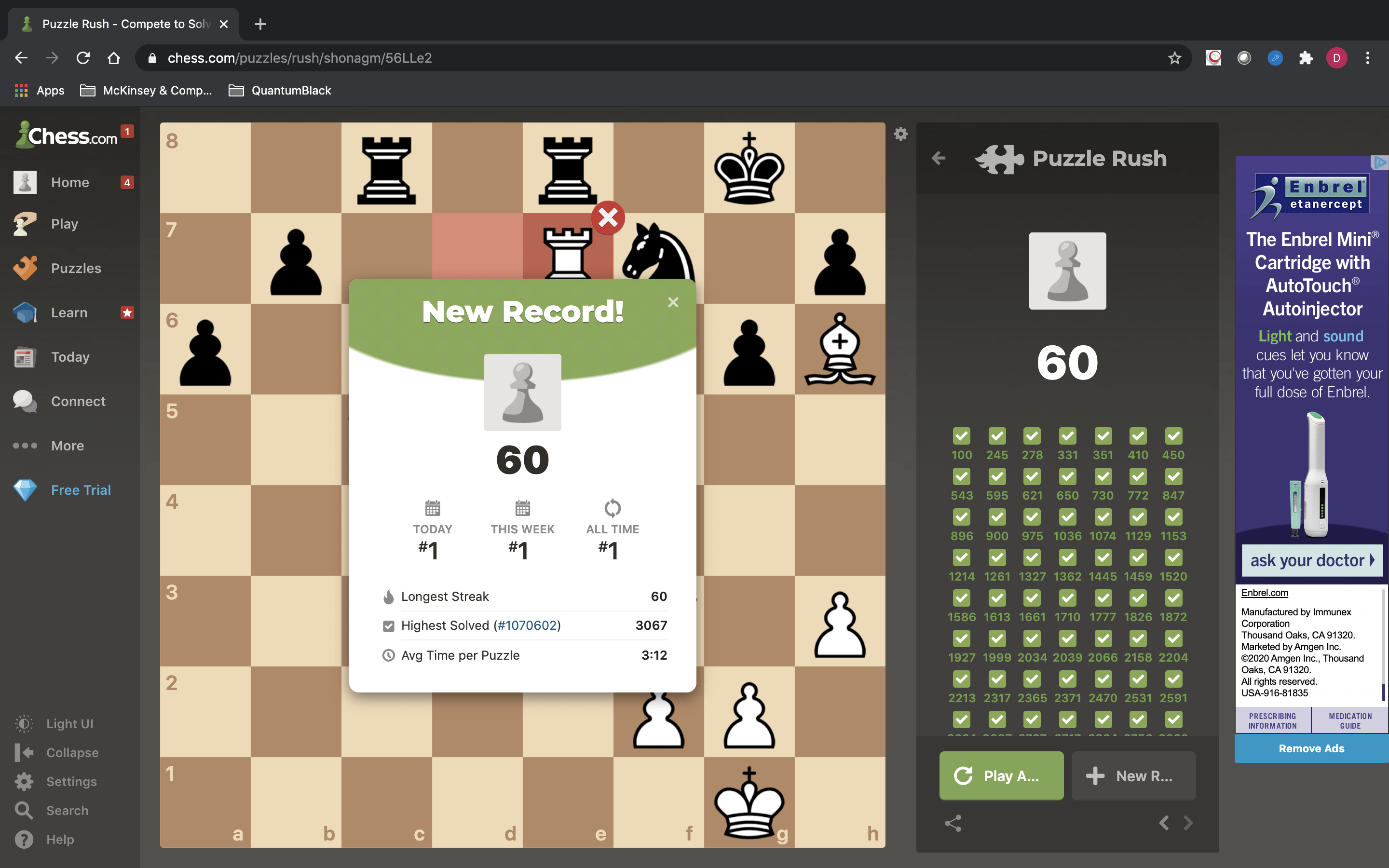 My highest puzzle rush score (110) in survival mode which wasn't counted :  r/chess